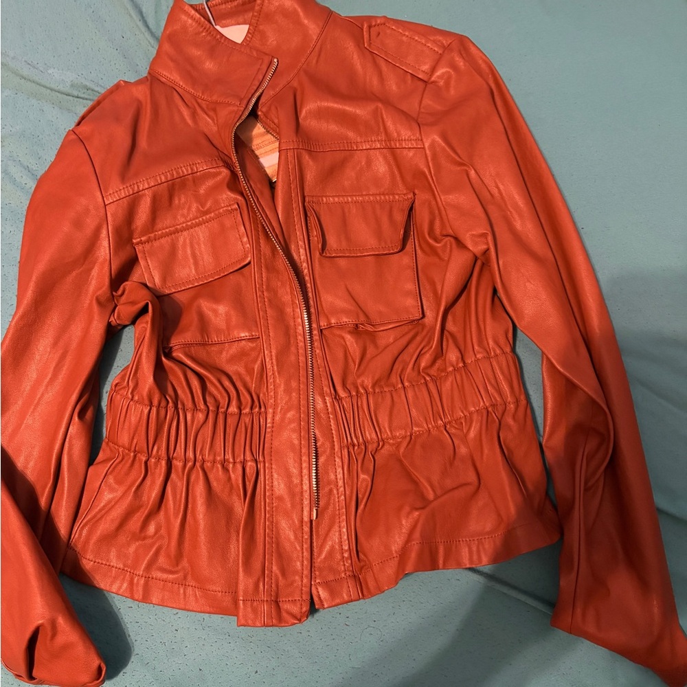 Orange Leather Jacket with Elastic Waist and Stand-Up Collar